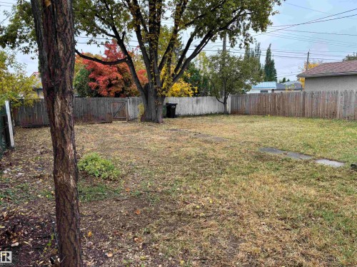 Expansive backyard featuring mature trees, partial wood fencing, and a defined gate - 7623 130 Avenue Nw, Edmonton, AB 