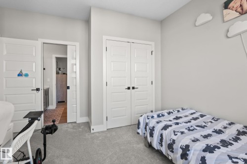 Light gray wall paint, paneled interior doors, black door hardware, carpeted flooring, and a built-in closet - 824 34 Ave Nw, Edmonton, AB 