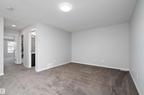 Plush gray carpeting throughout, smooth light gray walls, and a contemporary flush-mount ceiling light - 9227 223 Street Nw, Edmonton, AB 