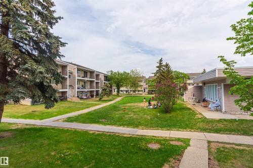 Landscaped green space with mature trees and paved walkways - #6 3819 76 St Nw, Edmonton, AB 