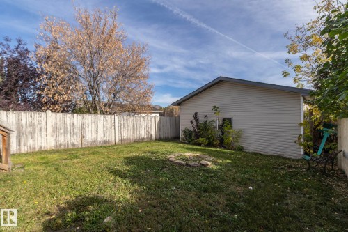 Expansive grassy yard with a weathered wooden fence and mature trees - 137 Michigan Street, Devon, AB 