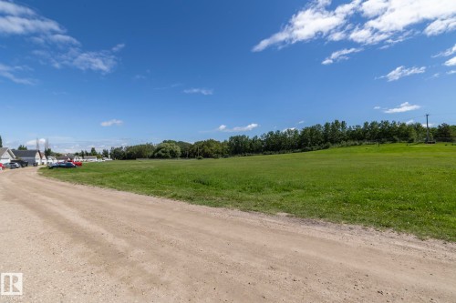 Expansive grassy lot with a dirt road approach, bordered by a line of mature trees - 137 Michigan Street, Devon, AB 
