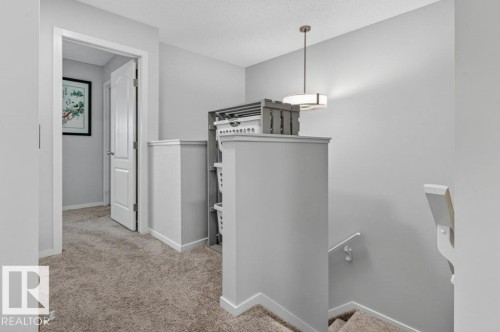 Overhead pendant light fixture, wall-to-wall carpeting, painted white trim, painted white doors, white wall paint - 1020 Daniels Loop Sw, Edmonton, AB 