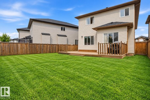 Expansive backyard featuring a large lawn, wood privacy fencing, and an elevated wood deck with railing and sliding glass door access - 258 Albany Drive Nw, Edmonton, AB 