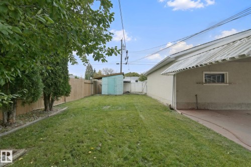 Expansive grassy yard with a wooden privacy fence, mature trees, and a utility shed - 8424 70 Street Nw, Edmonton, AB 