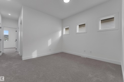 Plush gray carpeting with white walls, three transom windows, a flush-mount ceiling light, and white trim - 178 Munn Way, Leduc, AB 