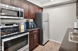 Stainless steel appliances, dark wood-finish cabinetry, dark countertops, and a double basin sink - 