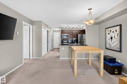 Open-concept living area with neutral carpeting, recessed lighting, and a kitchen featuring dark wood-finish cabinetry, stainless steel appliances, and a black countertop - 