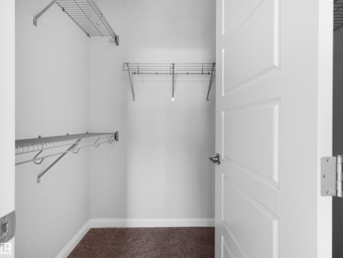 White paneled door with chrome hardware, wire shelving, and carpeting - #415 2588 Anderson Wy Sw, Edmonton, AB 