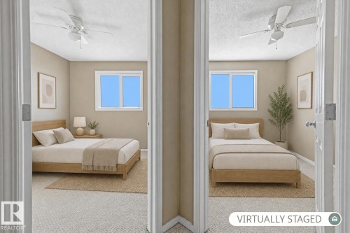 Neutral interior spaces featuring neutral carpeting, ceiling fans, and white-framed windows - 9047 Scott Crescent Nw, Edmonton, AB 