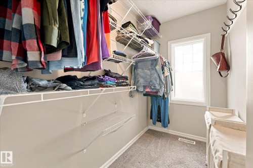 Walk-in closet with wire shelving system, carpeting, and natural light window - 21935 91 Avenue Nw, Edmonton, AB 