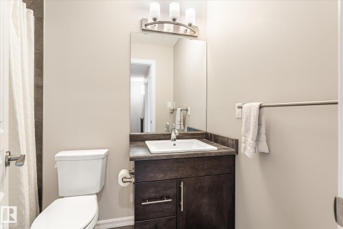 Dark wood-finish vanity with an undermount sink, a large wall mirror, and a three-light vanity fixture - 21935 91 Avenue Nw, Edmonton, AB 