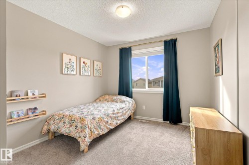 Neutral wall tones, recessed window, dark curtain rods, built-in wall shelves, and light carpet flooring - 21935 91 Avenue Nw, Edmonton, AB 