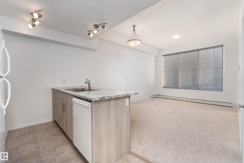 Kitchen island with stone-finish countertop and integrated sink - #403 105 Ambleside Dr Sw, Edmonton, AB 