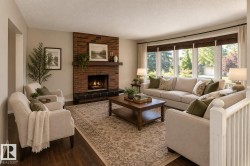 Brick-clad fireplace with a wood mantel - 