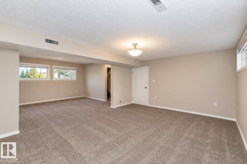 Spacious room featuring neutral paint, carpet flooring, multiple windows, and a flush mount light fixture - 17311 107 Street Nw, Edmonton, AB 