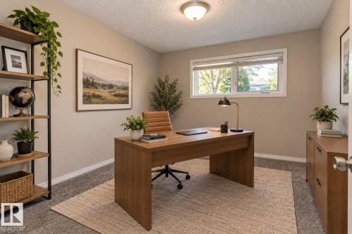 Recessed ceiling light fixture, wood-finish desk, wood-finish shelving unit, wood-finish cabinet, and a window with blinds - 17311 107 Street Nw, Edmonton, AB 