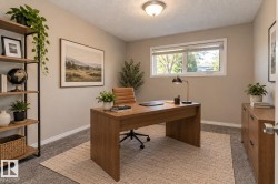 Recessed ceiling light fixture, wood-finish desk, wood-finish shelving unit, wood-finish cabinet, and a window with blinds - 