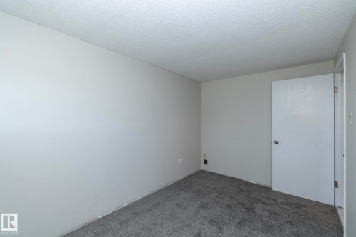 Gray textured carpeting, light gray wall paint, and white paneled door with round knob - 17311 107 Street Nw, Edmonton, AB 