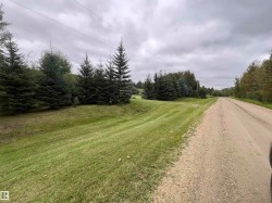 Gravel road frontage, expansive green space, and mature evergreen trees - 