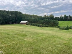 Expansive green lawn with a detached shed featuring a rounded roof and wood siding - 