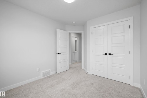 Neutral-toned carpeting, five-panel interior doors, matte black lever hardware, and overhead flush-mount lighting - Edmonton, AB 