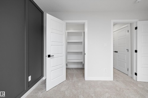 Wall featuring charcoal-toned decorative trim, four-panel interior doors with matte black hardware, and built-in shelving - Edmonton, AB 