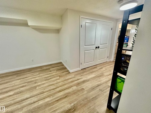 Wood-finish flooring, double-panel closet doors with matte black hardware, and a flush-mount overhead light fixture - 4723 105 Street Nw, Edmonton, AB 