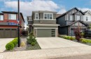 Modern exterior with green siding, a two-car garage with frosted glass panels, and an extended driveway - 22019 82 Avenue Nw, Edmonton, AB 