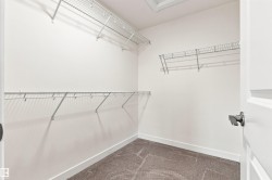 Walk-in closet with carpet flooring, white walls, and wire shelving - 