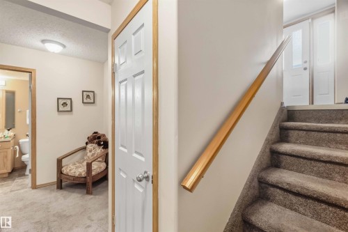 Interior space featuring carpeted staircase with a wood-finish handrail, six-panel interior door with light-colored trim, and flush-mount ceiling lighting - 497 Kananaskis Drive, Devon, AB 