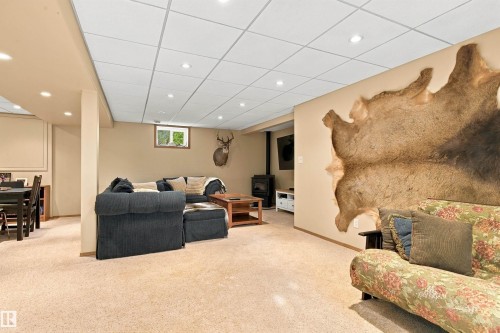Recessed lighting, drop ceiling, carpeted flooring, and a built-in wood-burning stove - 51064 Rge Rd 222, Rural Strathcona County, AB 