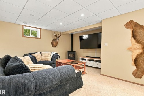 Recessed lighting, drop ceiling, wood-framed window, freestanding stove, and built-in media console - 51064 Rge Rd 222, Rural Strathcona County, AB 