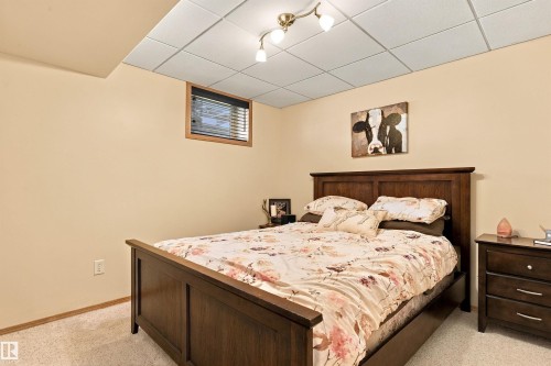 Recessed ceiling panels with track lighting, textured light-toned walls, wood-framed window with blinds, and light-toned carpet flooring - 51064 Rge Rd 222, Rural Strathcona County, AB 