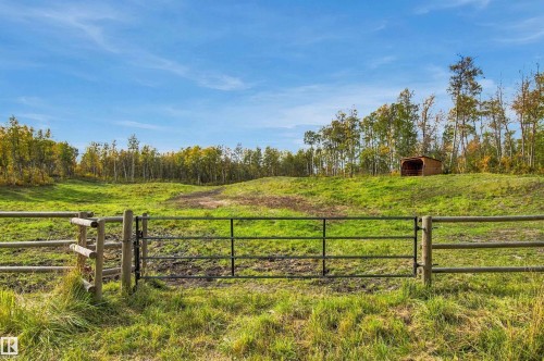 Expansive green pasture with a wood and metal gate, surrounded by mature trees, and featuring a small shelter on the hillside - 51064 Rge Rd 222, Rural Strathcona County, AB 