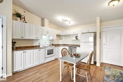Kitchen featuring white cabinetry, wood-finish flooring, white appliances, and a built-in dishwasher - 