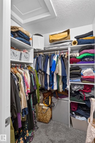 Walk-in closet featuring multi-level built-in shelving, integrated garment hanging rods, and carpeted flooring - 798 Berg Loop, Leduc, AB 