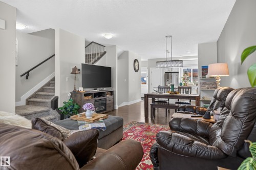 Open-concept interior featuring wood-finish flooring, a contemporary drum chandelier, and a carpeted staircase with a dark-finish handrail - 798 Berg Loop, Leduc, AB 