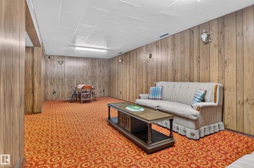 Wood-panel walls with integrated sconce lighting and ceiling-mounted fluorescent fixture - 14 Sonora Drive, St. Albert, AB 
