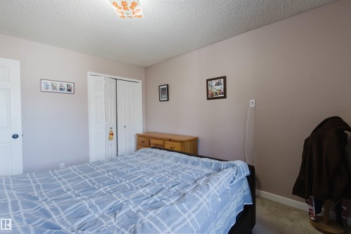 Room featuring carpeted flooring, textured ceiling, and double-door closet with paneled detailing - 225 Heagle Crescent Nw, Edmonton, AB 