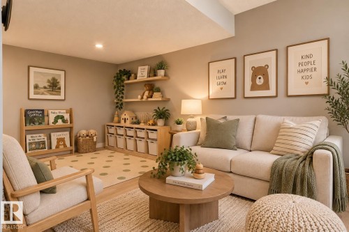 Neutral-toned interior room featuring custom built-in low cabinetry, tiered wall-mounted shelving, wood-finish flooring, and recessed ceiling lighting - 225 Heagle Crescent Nw, Edmonton, AB 