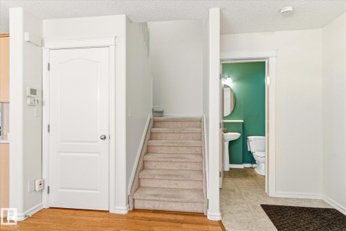 Wood-finish flooring, a carpeted staircase, and a pedestal sink with a circular mirror - 2550 Rabbit Hill Road Nw, Edmonton, AB 