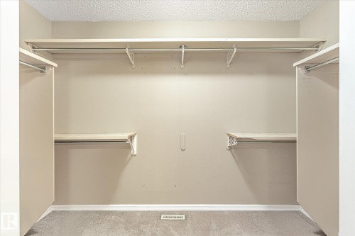 Walk-in closet with carpet flooring, multiple levels of built-in shelving, and hanging rods - 2550 Rabbit Hill Road Nw, Edmonton, AB 