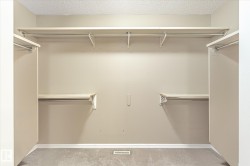 Walk-in closet with carpet flooring, multiple levels of built-in shelving, and hanging rods - 