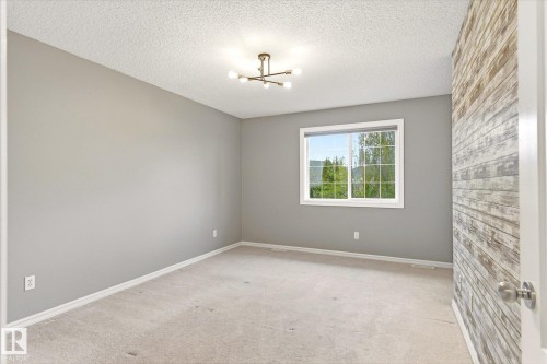 Neutral tone wall paint, contemporary ceiling light fixture, white-trimmed window, textured accent wall, and neutral carpet flooring - 2550 Rabbit Hill Road Nw, Edmonton, AB 