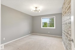 Neutral tone wall paint, contemporary ceiling light fixture, white-trimmed window, textured accent wall, and neutral carpet flooring - 
