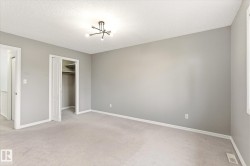 Gray painted walls with white trim, light gray carpeting, and a modern ceiling light fixture - 