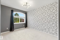 Arched window with gridded panes, modern ceiling light fixture, textured accent wall, and light-colored carpeting - 