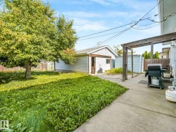 Expansive backyard featuring a mature tree, concrete patio, a detached garage with siding, and two storage sheds - 