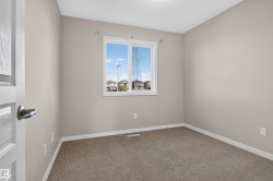 Neutral tone wall finishes, white trim, textured carpet flooring, and a single window - 